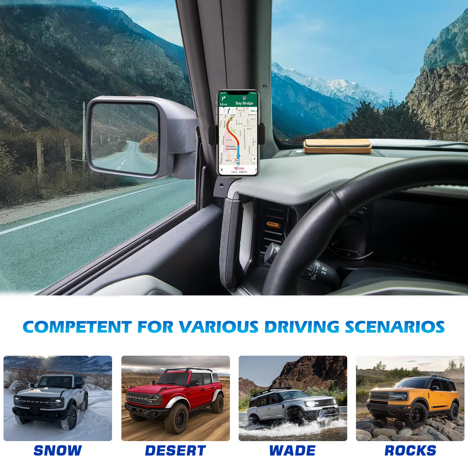 Soporte de teléfono lateral izquierdo para salpicadero, estabilizador antivibración, soporte ajustable personalizado para teléfono celular para Ford Bronco Accesorios 2021 2022 2023
