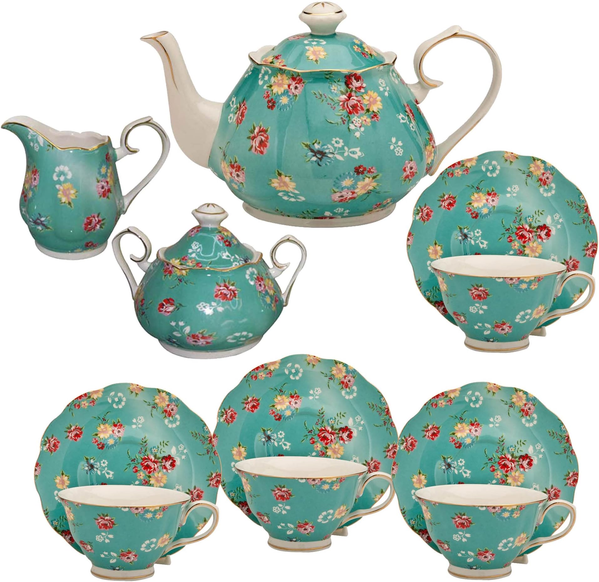 Shabby Rose Teal 11-Piece 11pc Tea Set