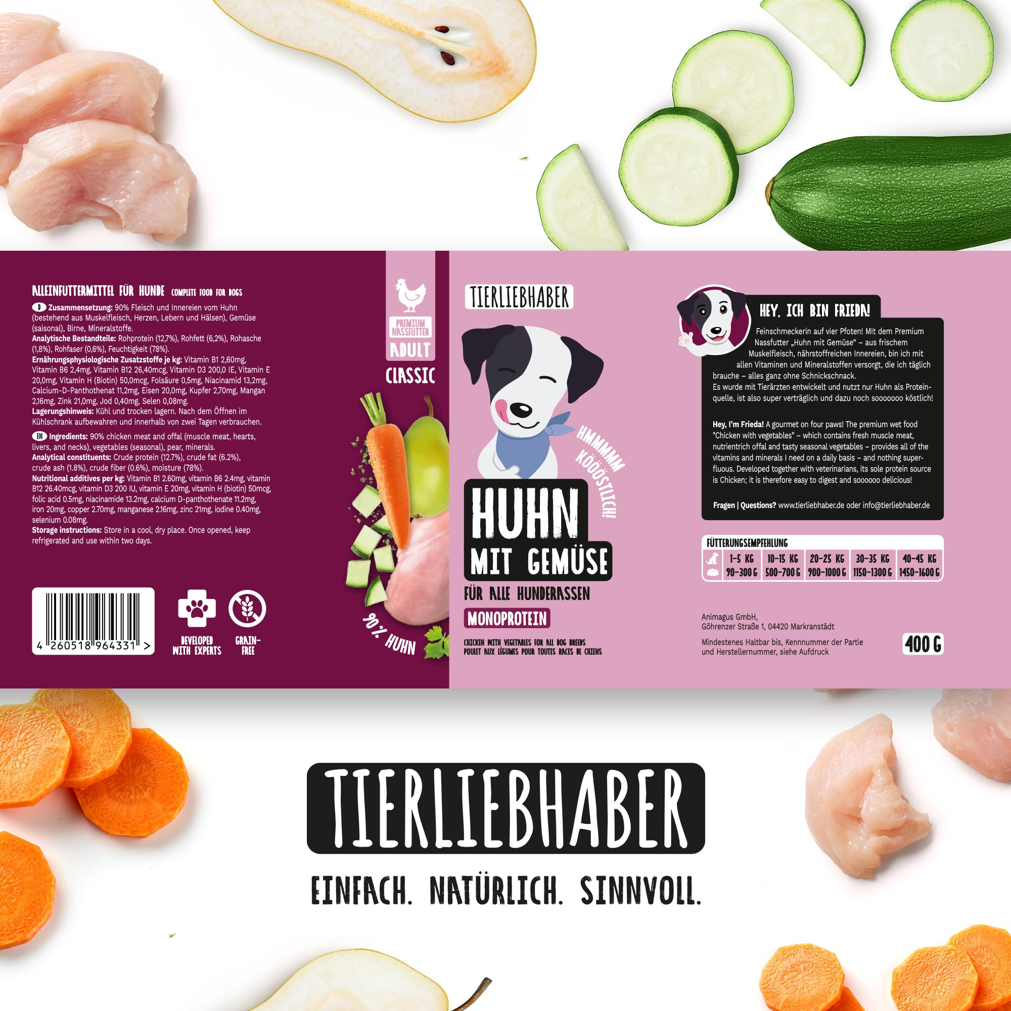 Hundefutter Nass 400g 6X Huhn mit Gemüse – Hunde Nassfutter 400g Wet Dog Food tierärztlich entwickelt – Nassfutter für Hunde mit 90% Fleischanteil – Dog Food leicht verdaulich von TIERLIEBHABER