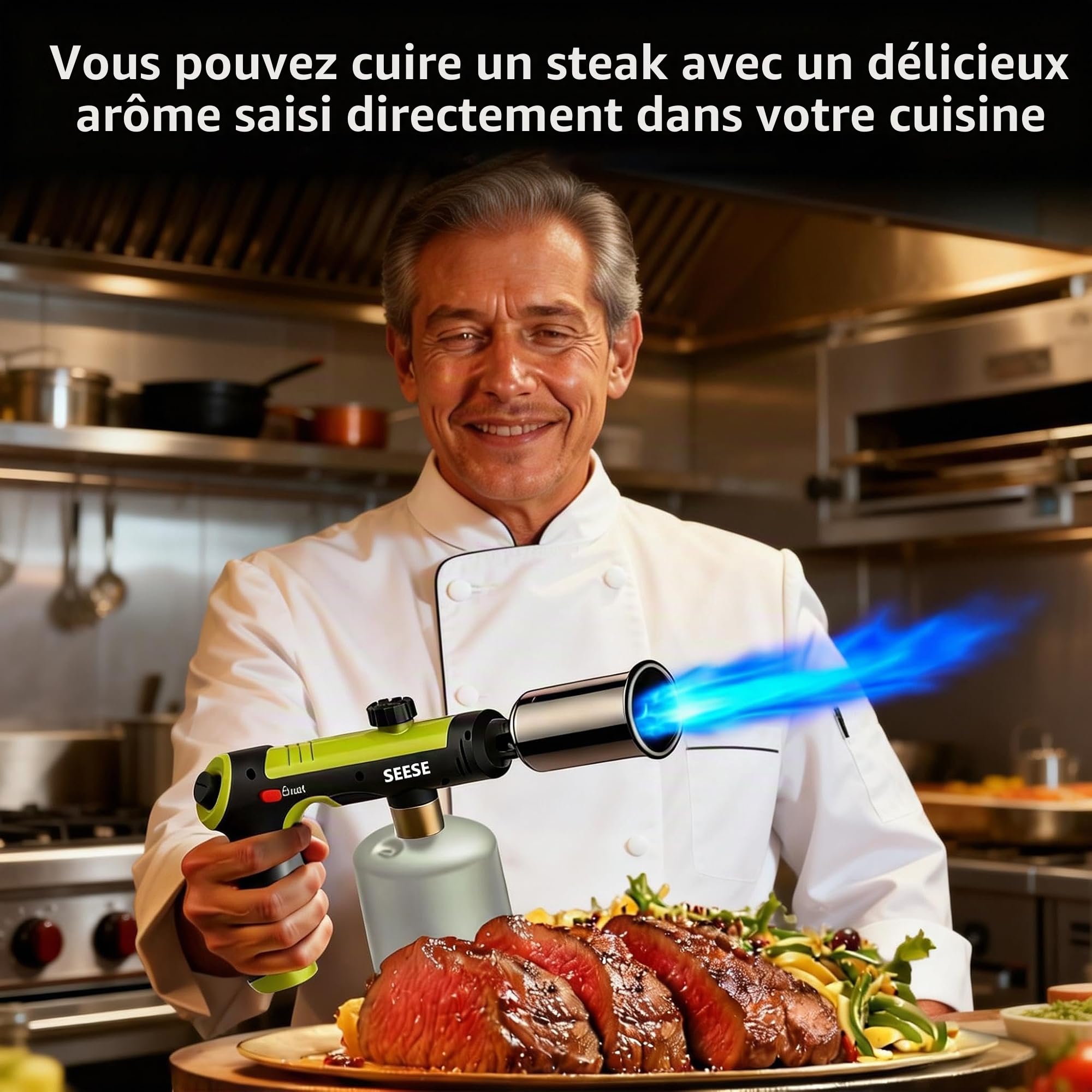 SEESE Torche puissante au propane, torche de cuisine avec feu maxi à une touche, allume-charbon avec verrou de sécurité, torche réglable pour sous vide, barbecue, feu de camp, cheminée (réservoir non