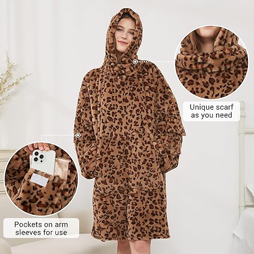 Miniatura 3 de Viviland Manta con capucha de gran tamaño, súper suave y cálida, regalos para mujeres, hombres y adolescentes, estampado de guepardo marrón