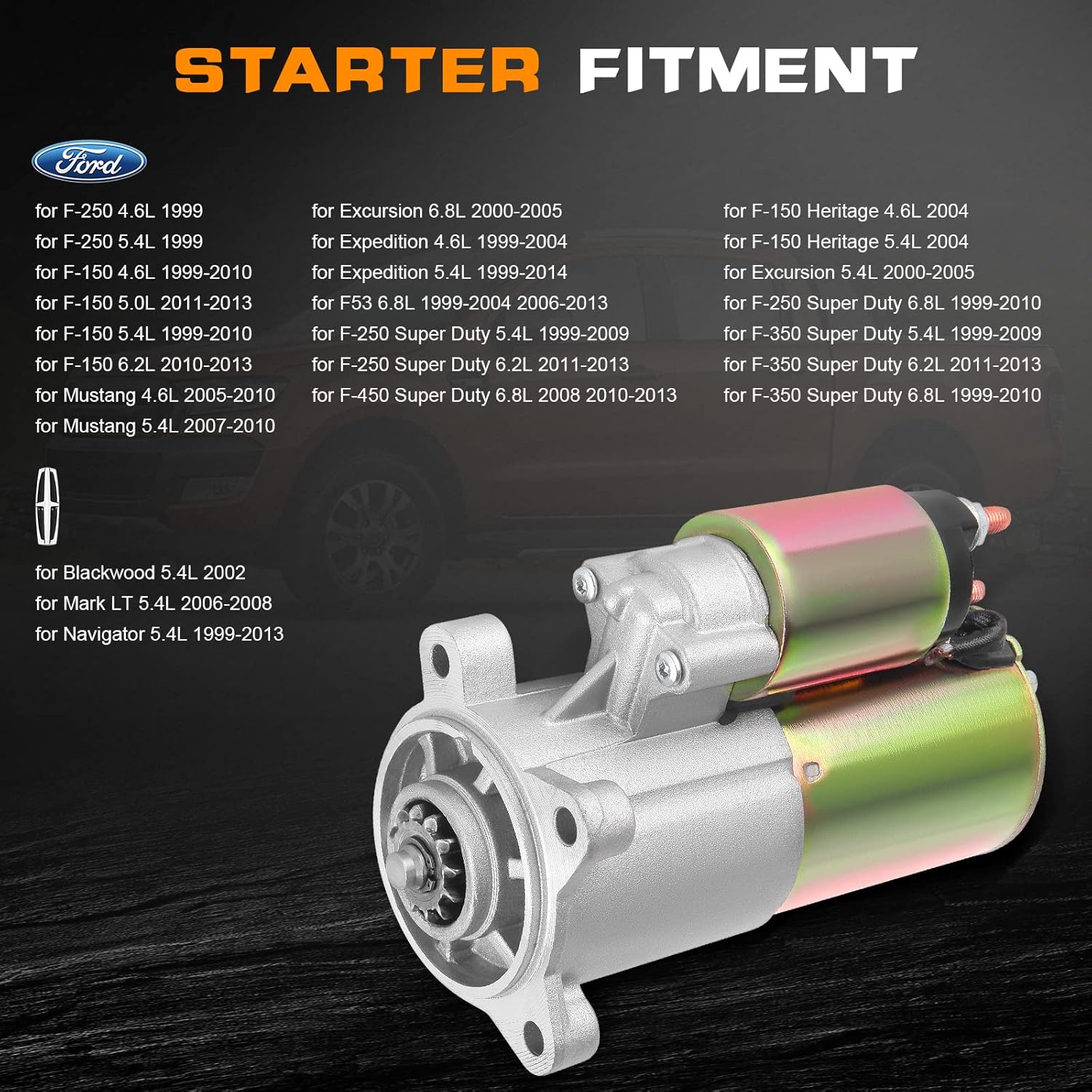 New Starter Compatible for Ford for F-150 5.4L 1999-2010 for Ford for F-250 4.6L 1999 for Lincoln for Blackwood 5.4L 2002, 1.4kW/12 Volt Starter 6646 SFD0024