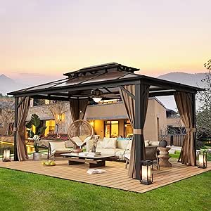 YOLENY 10'x13' Hardtop Gazebo with Double Polycarbonate Roof, Aluminum Frame, Curtains, and Mesh Netting