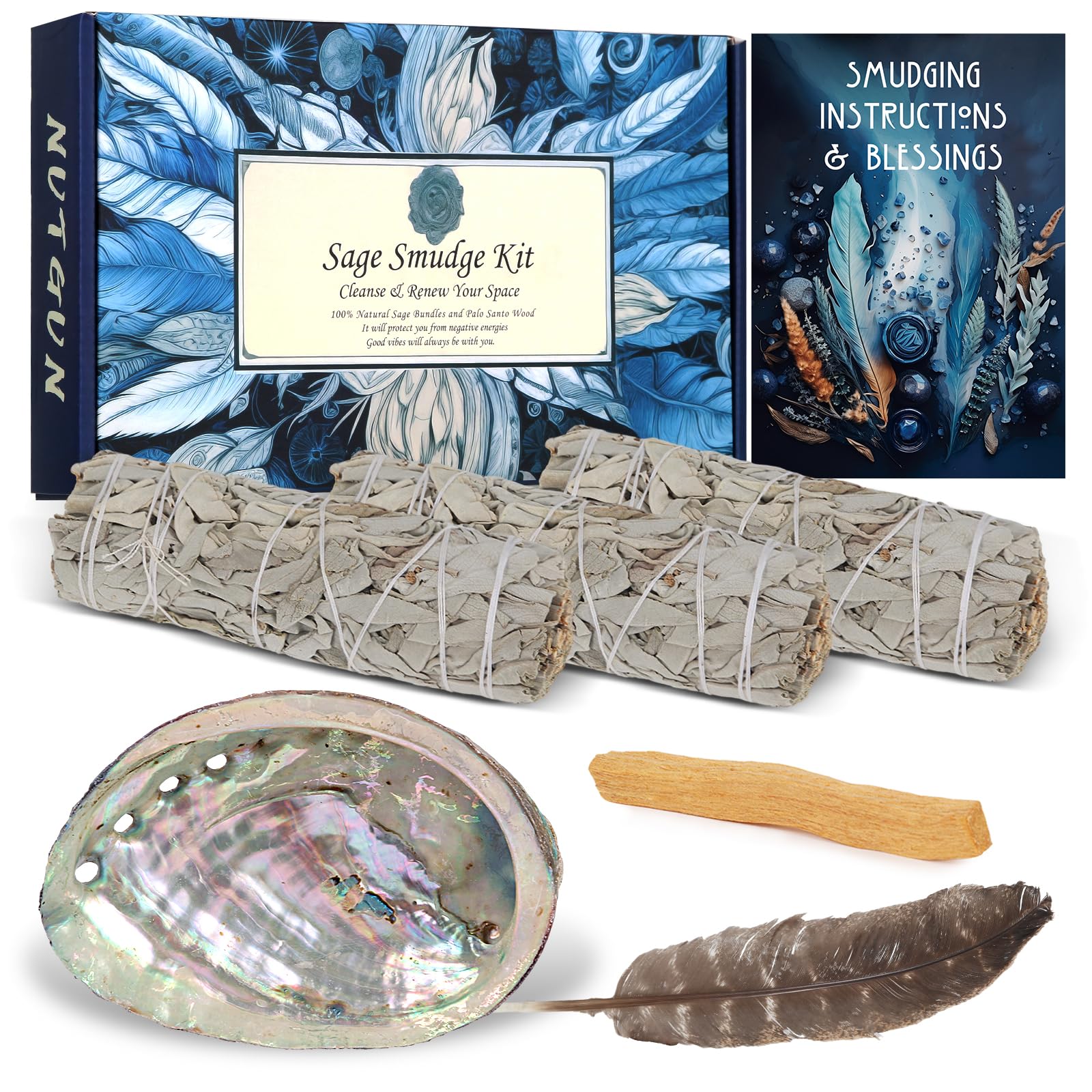 Nutgun Sage Smudge Kit Deluxe Sage Smudge Kit - 3 White Sage Sticks Palo Santo Stick Abalone Shell, Smudging Feather & Guide~ Sage Incense Sticks For Cleansing House & Meditation