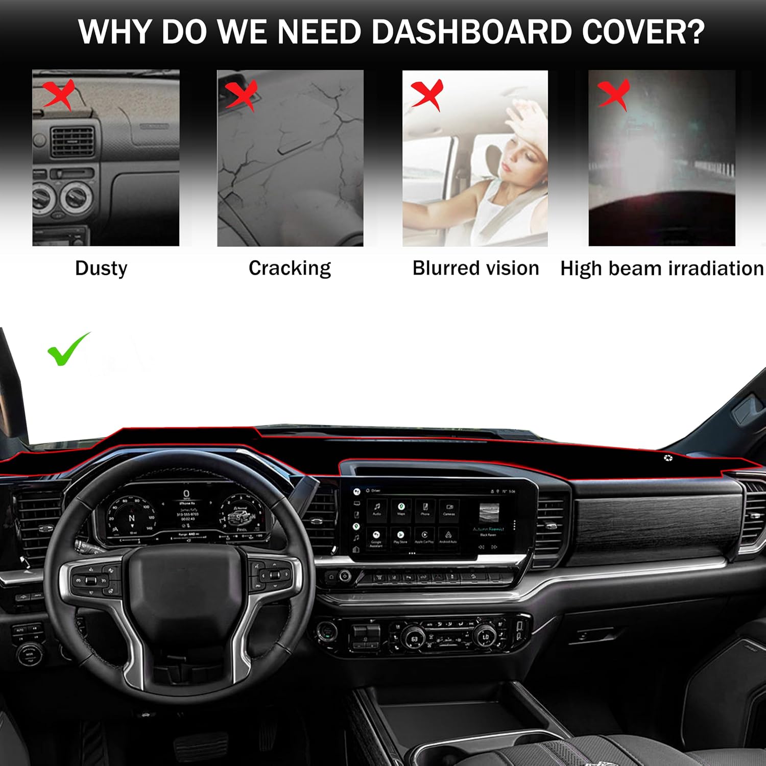 Dash Cover for 2022-2024 2025 2026 Chevy Chevrolet Silverado/GMC Sierra 2500HD 3500HD Accessories with HUD Dashboard Cover Mat Center Console Sunshield Carpet Protector Pad (Only fits 13.4 in Screen)