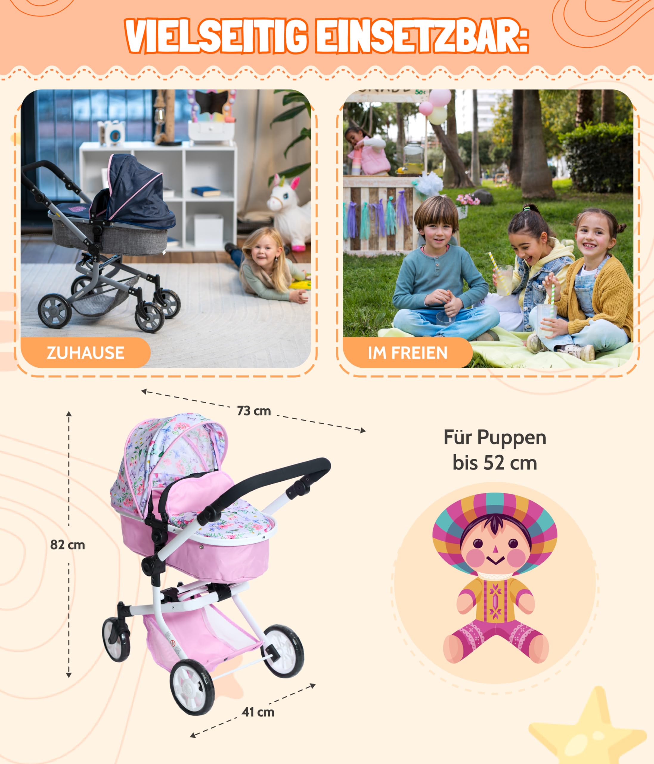 Bayer Chic 2000 Mika wózek dla lalek 2 w 1, różowy, składany, z regulacją wysokości 47-80 cm, nowoczesny stelaż, lalki do 52 cm, 4-8 J.