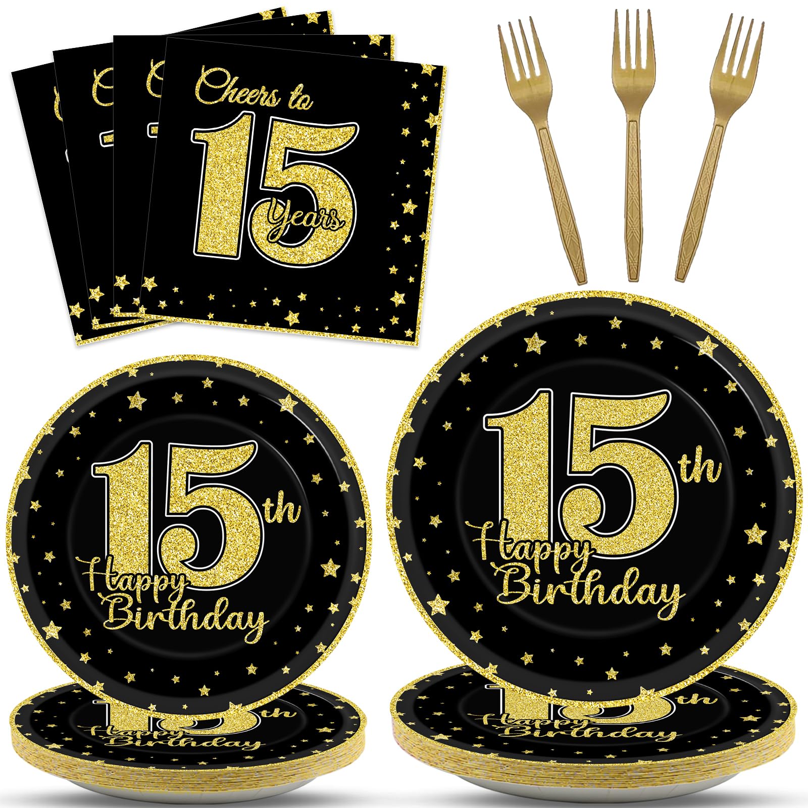 96 Pcs 15th Birthday Party Supplies - Happy 15th Birthday Plates, Decor, Cheers to 15 Years Black Gold Tableware Set for Boys & Girls - Party Favor &