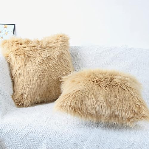 Miniatura 3 de OYIMUA Juego de 2 fundas de almohada decorativas esponjosas de 24 x 24 pulgadas, fundas de almohada lujosas de piel sintética de estilo rural,