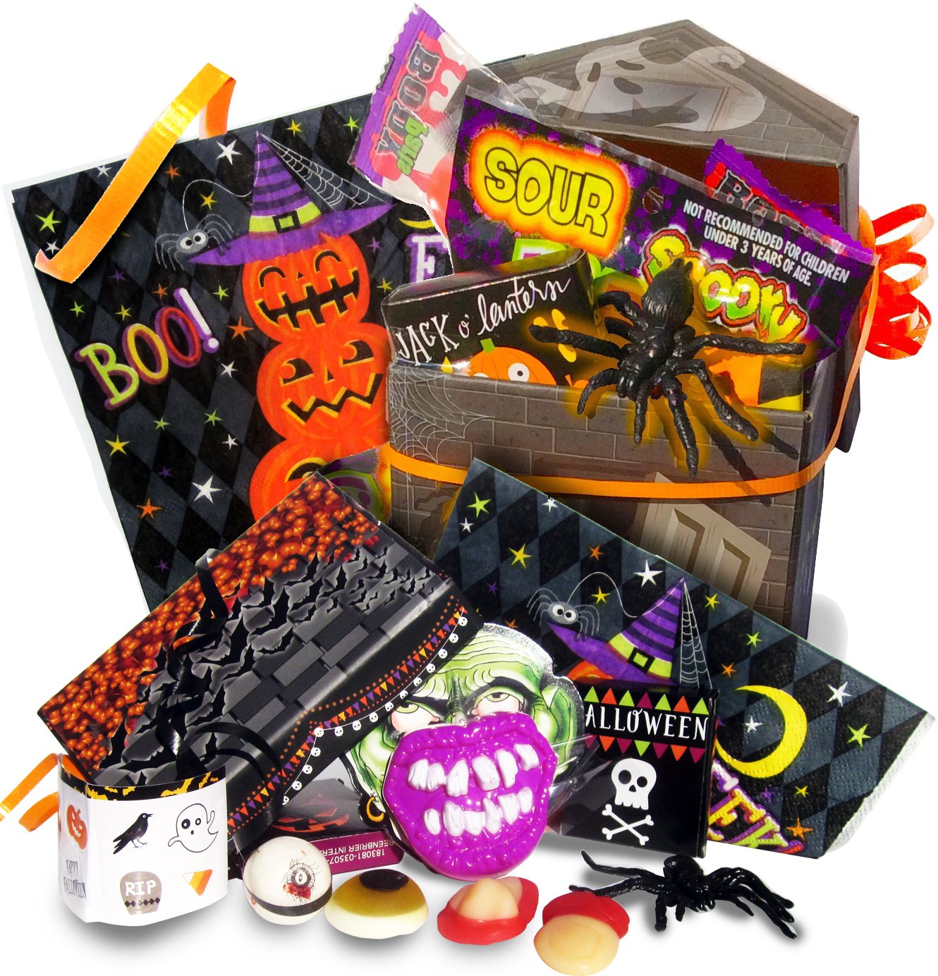 Trick-Or-Treat Halloween Haunted House 14 Piece Gift Box with Ghoulish Candies, Eyeball Gumball, Toy, and Stickers