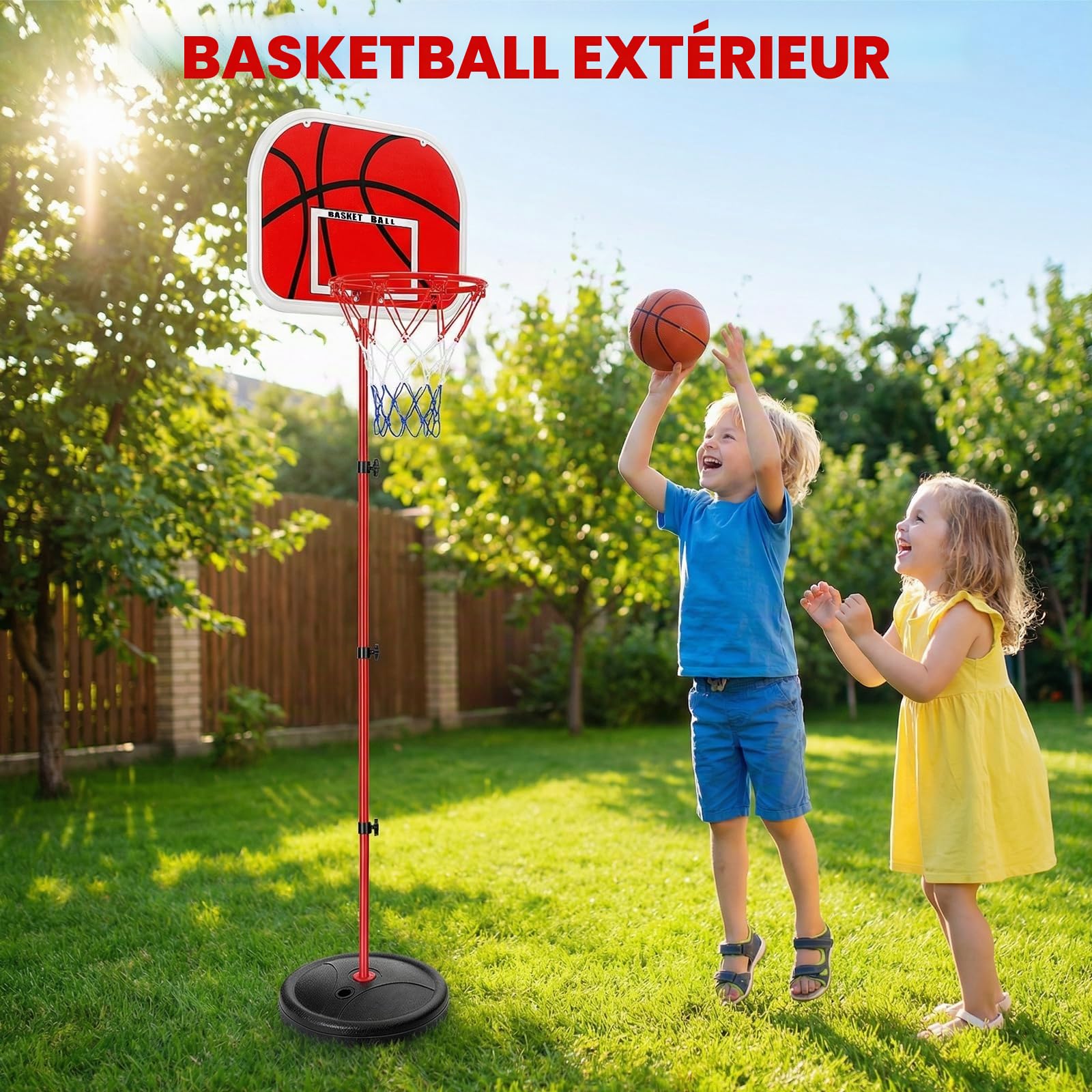 Panier de Basket Réglable en Hauteur 40-140 cm pour Enfants, Support de Basket Miniature Robuste Intérieur et Extérieur, Jouet de Sport avec Panneau Rouge, Panier de Basket Extérieur 3 Ans+