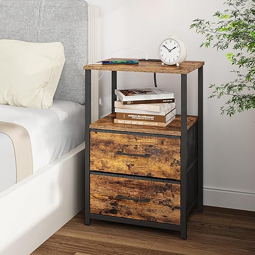 Miniatura 2 de TUTOTAK End Table with Charging Station, Side Table with 2 USB Ports and Outlets, Nightstand with Cloth Drawer, Set of 2, Couch Table, Brown