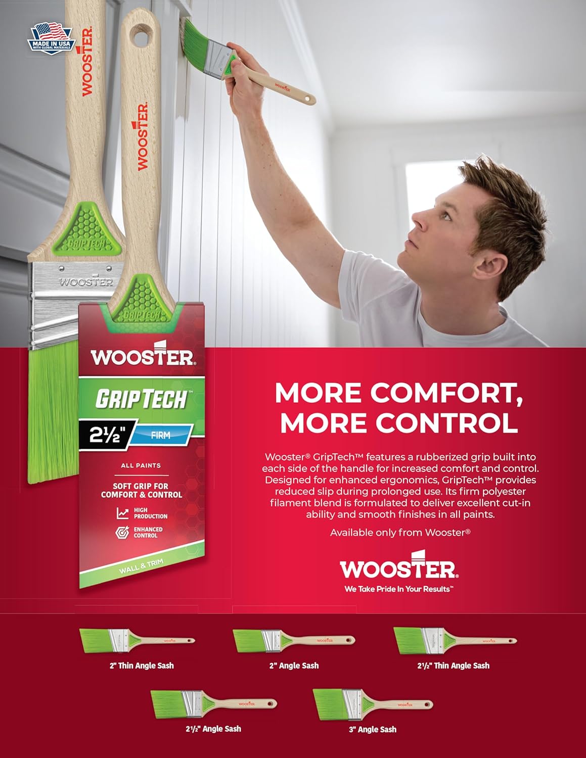 6-Pack of 2” Wooster 5401 GripTech Angle Paint Brush, Sash Handle