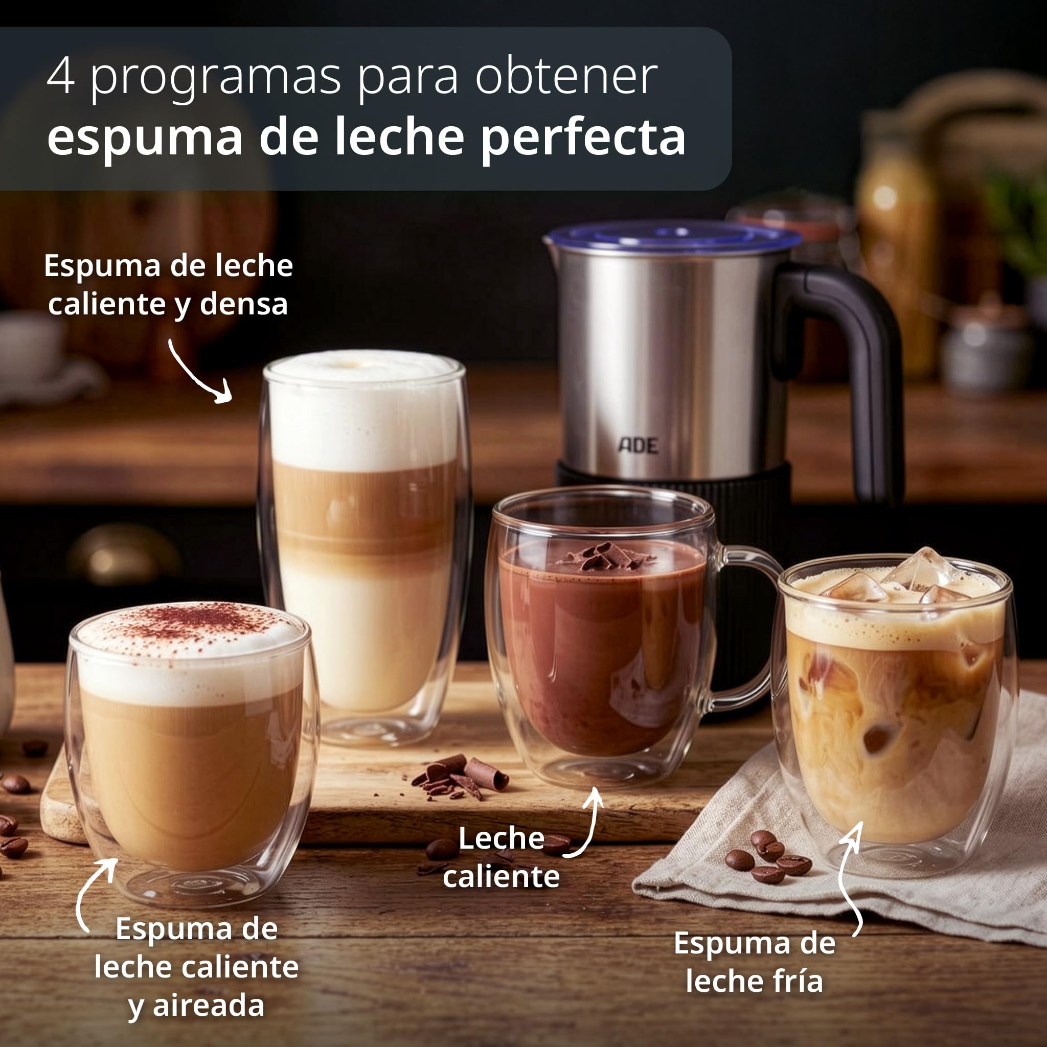 ADE Espumador de Leche Eléctrico 4en1 | para espuma de leche caliente y fría + calienta leche | recipiente inox extraíble | para capuchino, latte macchiato, café helado, cacao | 300 ml | 500 W