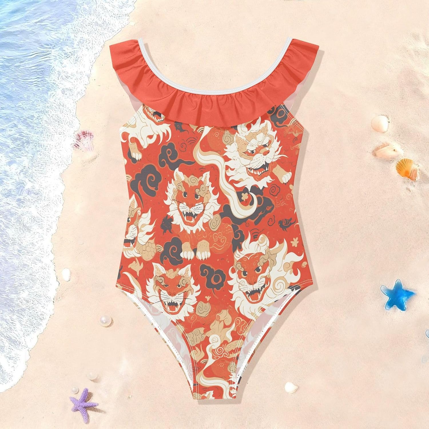 visesunny Girls One Piece Swimsuits Ruffle Swimwear Ethnic Cartoon Red Lion Bathing Suits for Girls 3-6Y
