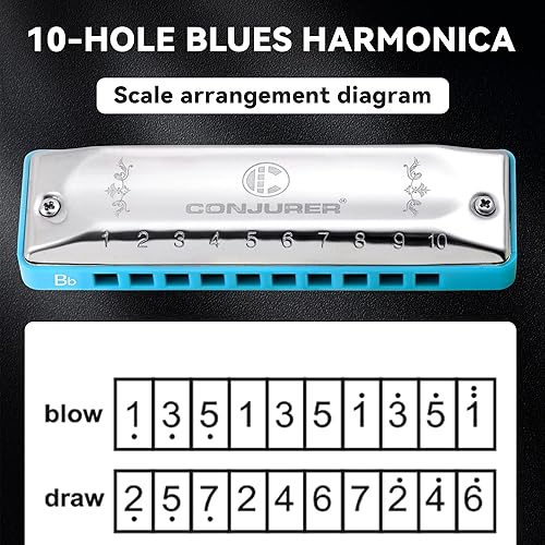 Miniatura 6 de CONJURER Blues Armónica para principiantes, niños y adultos, armónica diatónica de 10 agujeros en llave Bb, cañas especiales de latón, órgano de