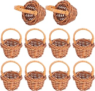 Angoily 10Pcs Mini Woven Baskets with Handles Miniature Rattan Basket Tiny Wicker Flower Basket for Wedding Party Favors Candy Gift Dollhouse Decor 6cm Coffee
