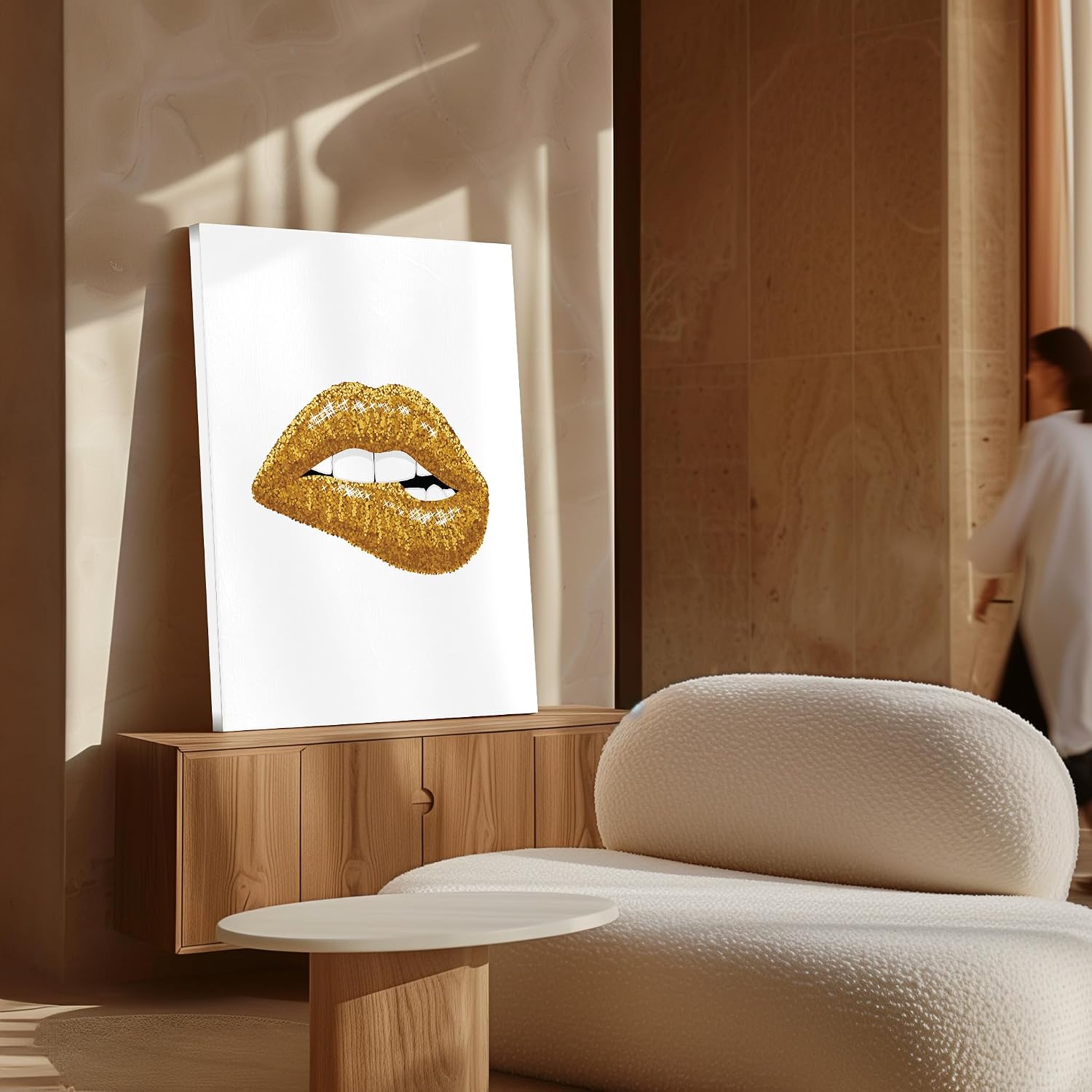 Poster Master Gold Lips Canvas - Lip Bite Print - Modern & Minimal Art - Boho Gift for Men & Women - Aesthetic Wall Design - Chic Decor for Bedroom or Living Room - 8x10 STRETCHED Canvas