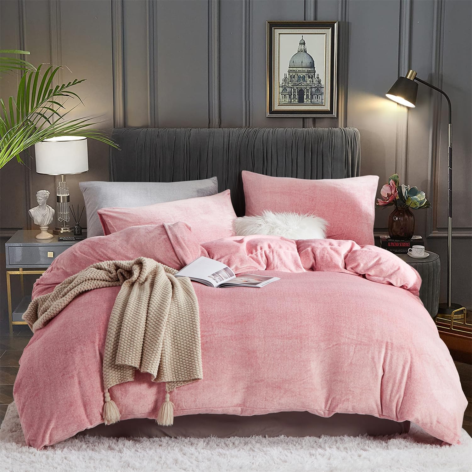 Set copripiumino in morbido velluto, rosa cipria, per letto queen size, autunno inverno, morbida e calda, per ragazze, rosa, 228,6 x 228,6 cm, lussuoso e accogliente pile felpato, set