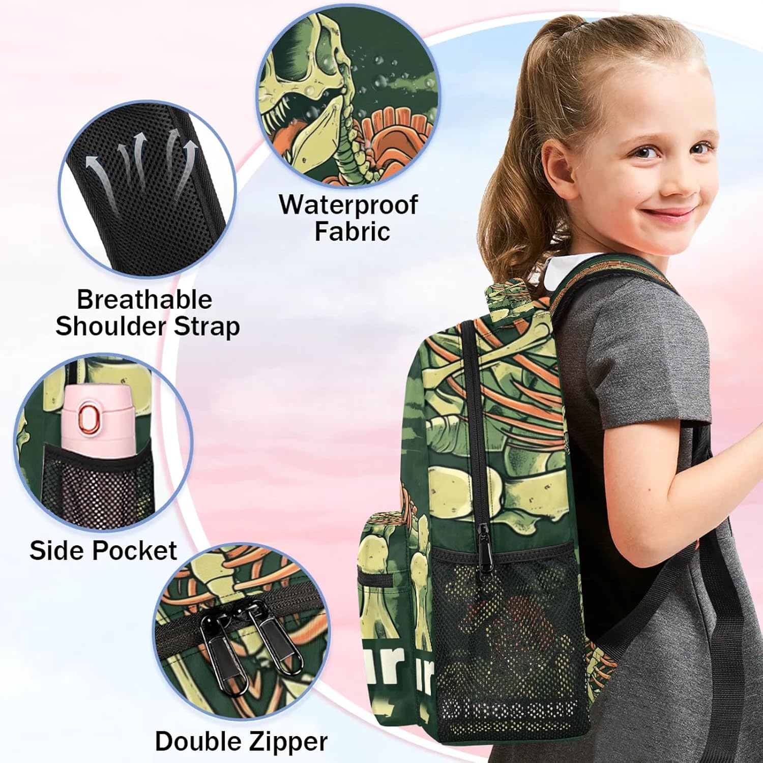 Kids Backpack for Boys - 16" Dinosaur Skeleton School Backpack Lightweight Waterproof Elementary Schoolbag Kindergarten Book Bag Travel Daypack for Students