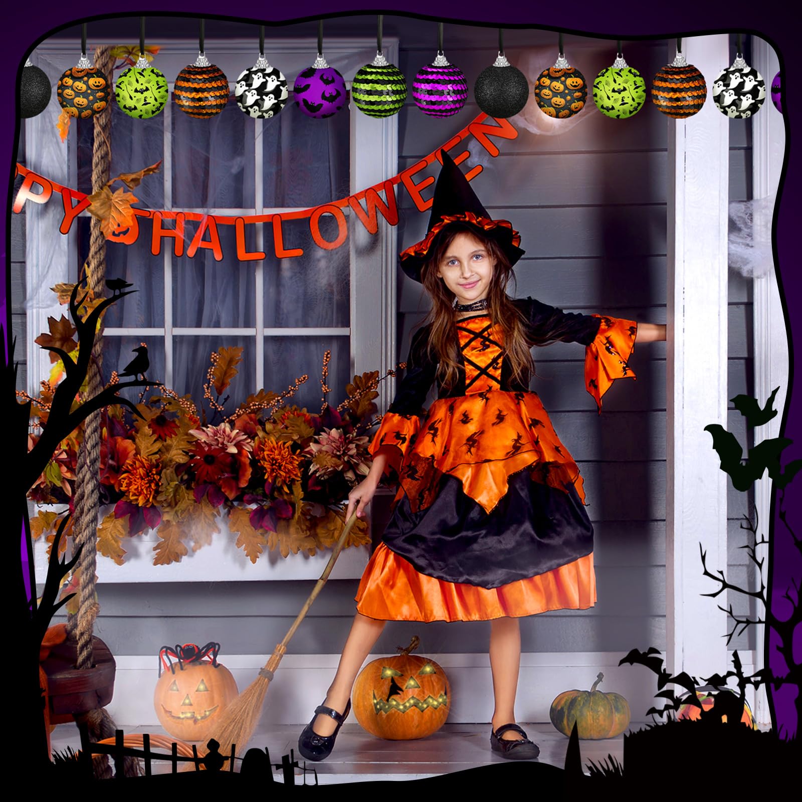 Zeyune 16 szt. Halloween bombki 5 cm brokatowe ozdoby choinkowe na Halloween z cekinami dekoracje choinkowe na imprezę Halloween wisząca dekoracja