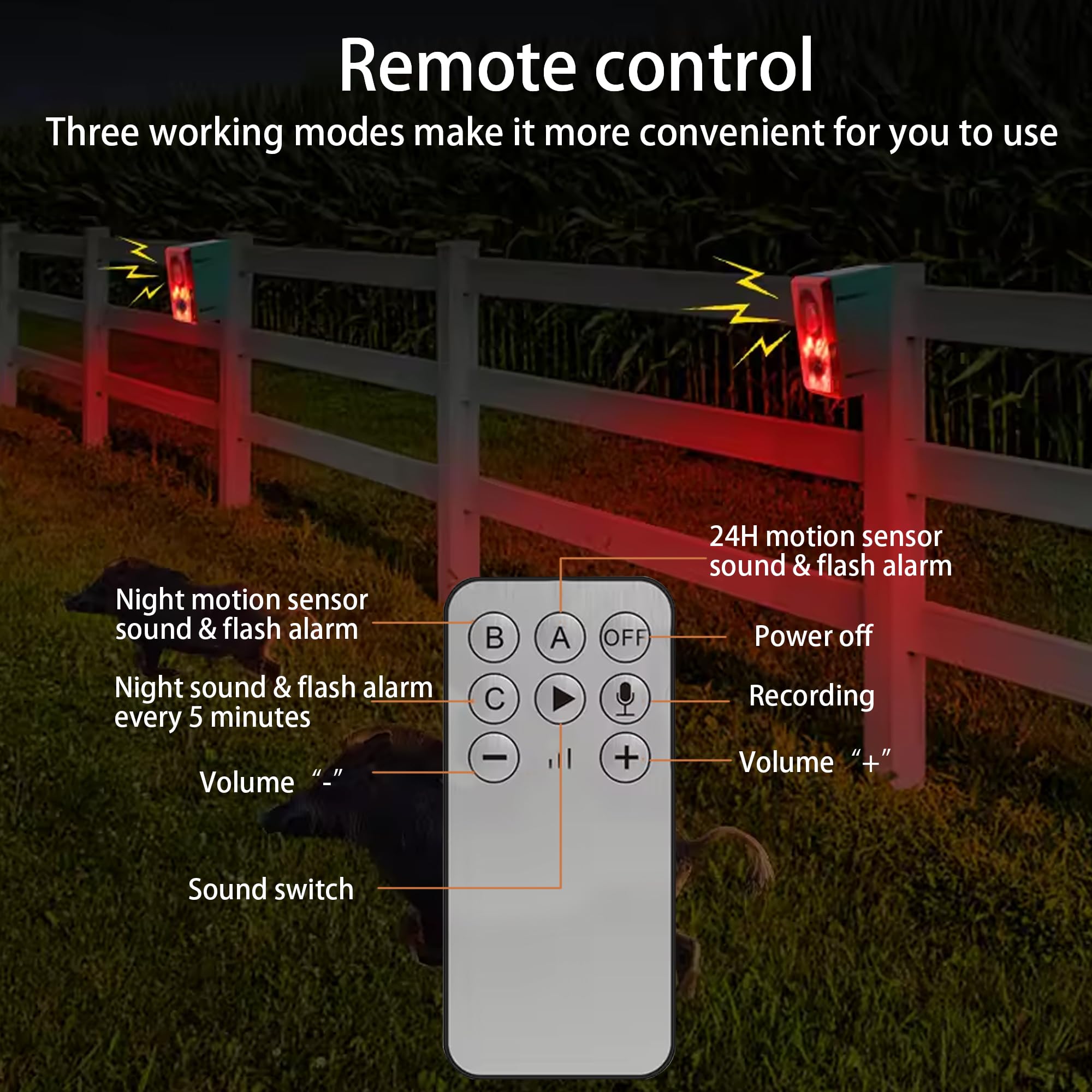 QXMH Allarme sensore solare per sport all'aperto: cane che abbaia e spari, supporta la registrazione, volume +/-, allarme forte da 129 dB con telecomando, allarme domestico di sicurezza (1 branco)