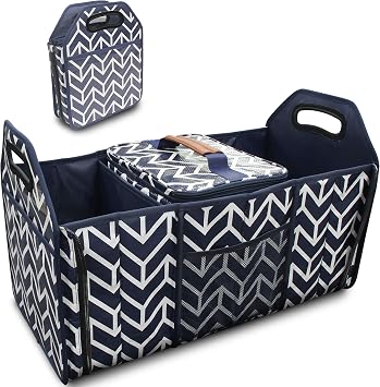 Orionstar Trunk Organizer, Foldable Car Storage Bag Insulation Cooler Bag | Collapsible Vehicle Organizer Divider Storage Totes with 3 Compartment Cargo Tote for SUV, Navy Blue