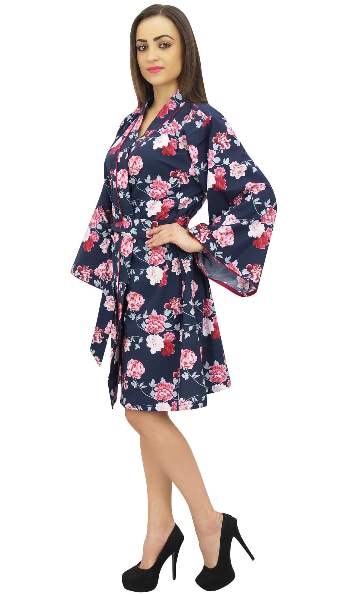 Bimba Mujeres Estampado De Flores De Algodon Popelin Kimono Coverup túnica con Belt - 36