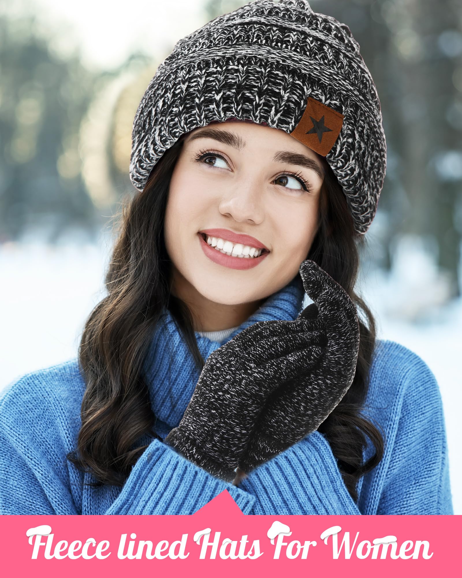 Winter Hat Gloves Set Fleece Lined Knit Beanie Touchscreen Black Beige Women Jeere 4 Pcs Winter Hat and Gloves for Women Fleece Lined  main image 2