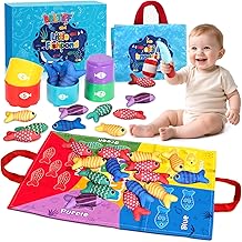Toys Children 1 Year, 22 Pieces Toys Babies 6-12 Months, Fish Fishing Game with 15 Fish Fabric, 5 Stackable Cup, Bag, Fishing Rod, Montessori 1 2 Year, Gift Baby 1 Year
