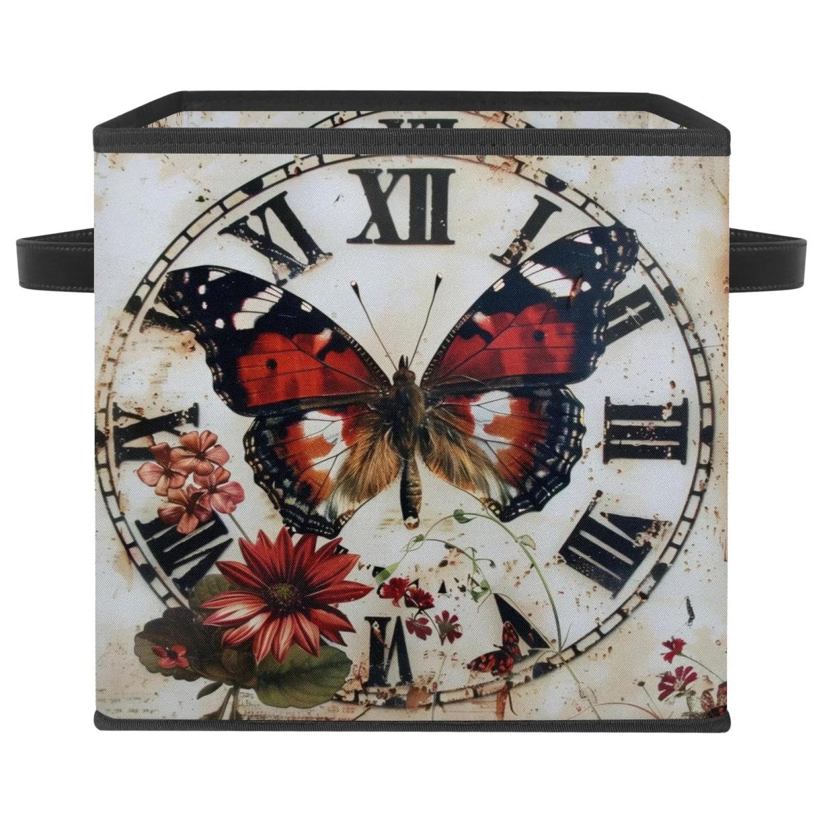 Boîte de rangement pliable 27cm cube en tissu rouge avec motif papillon et double poignées