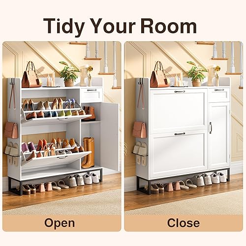 Miniatura 5 de Ahomly Zapatero blanco de 42 pulgadas, 2 cajones abatibles (ajustables), armario lateral, cajón de almacenamiento y parte superior abierta, ganchos