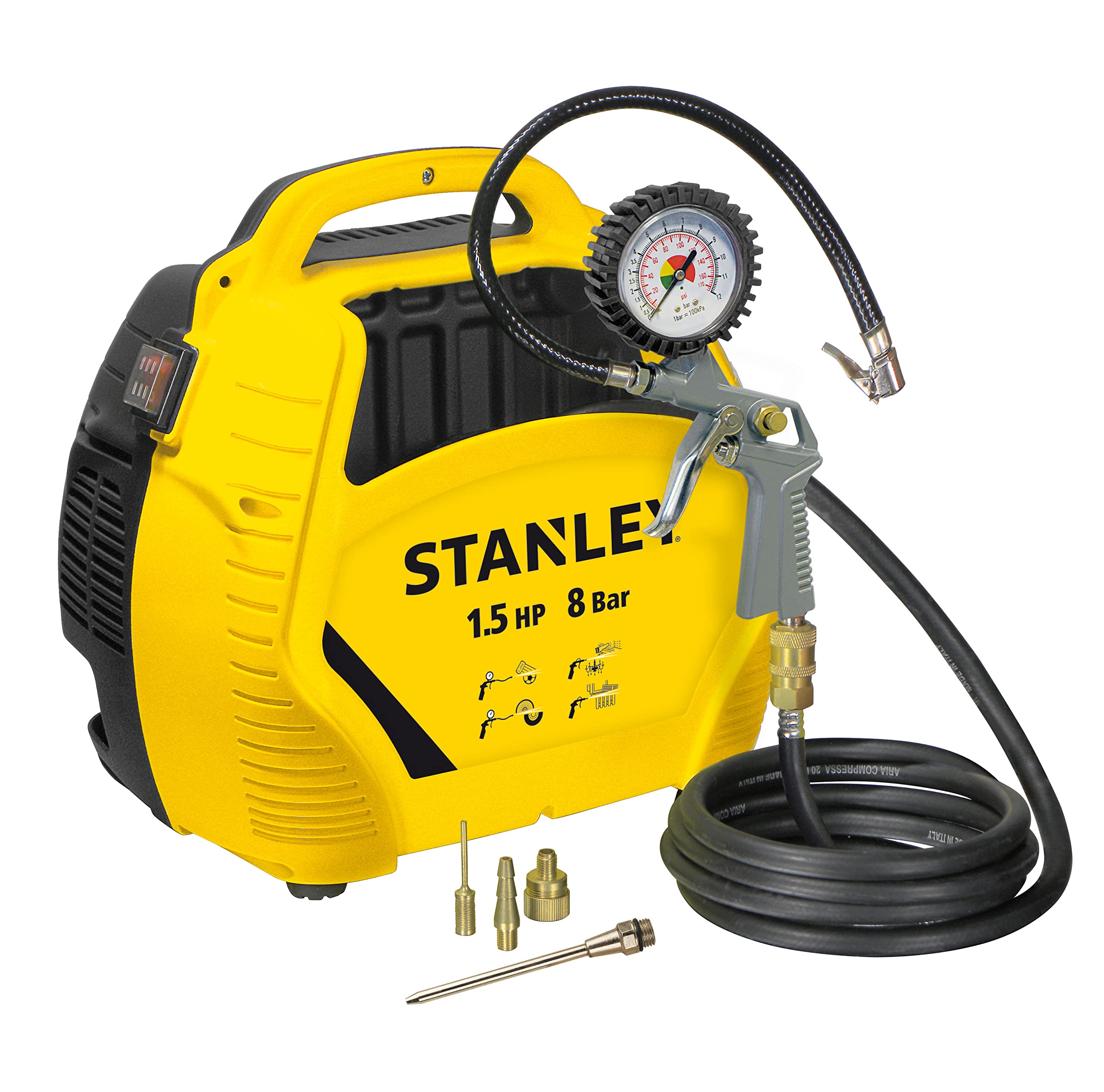 Stanley Compressore Aria Portatile 8 Bar - Compressore 8Bar Senza Olio con Attrezzi Pneumatici - Incl. Tubo dell'Aria da 3M, Pistola ad Aria con Manometro e 3 Ugelli - Giallo