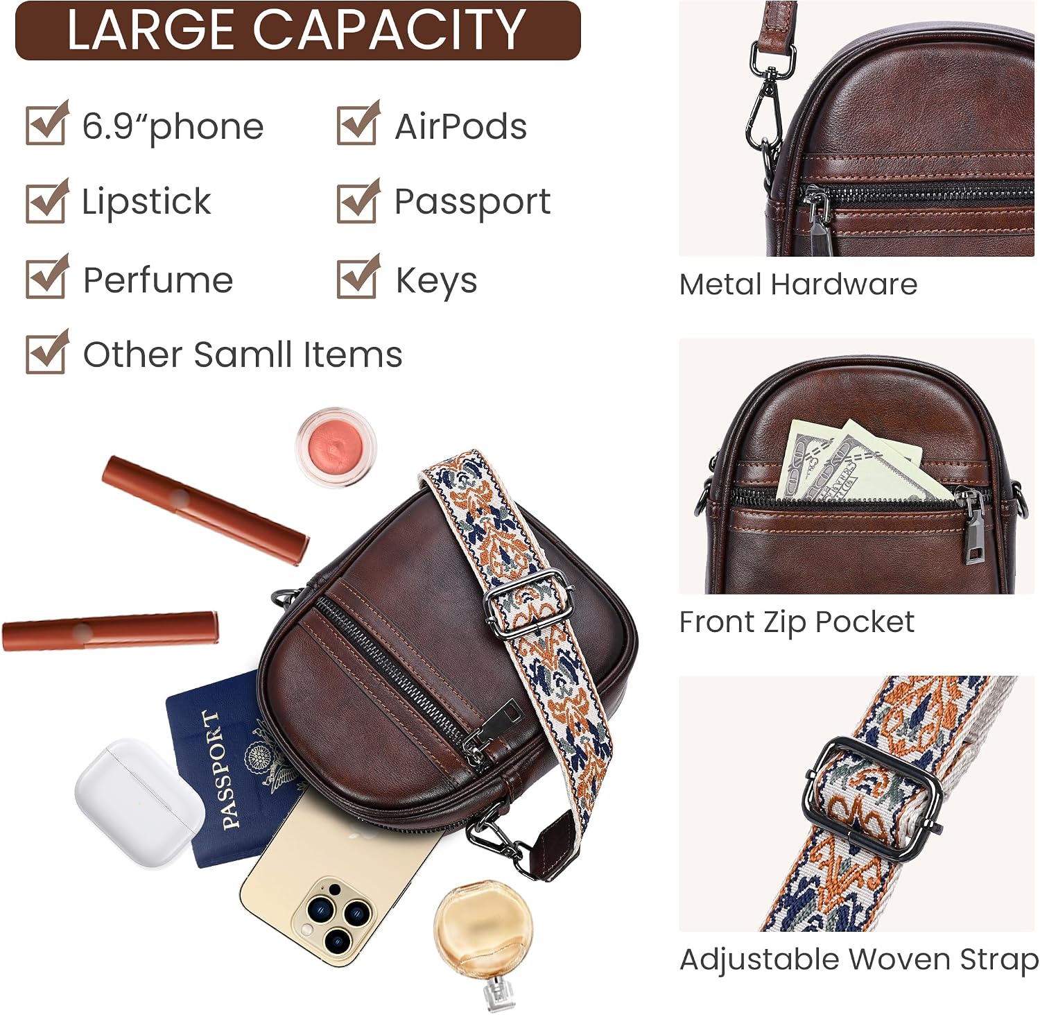 HESHE Small Leather Crossbody Bag for Women Cell Phone Bags Shoulder Purses
