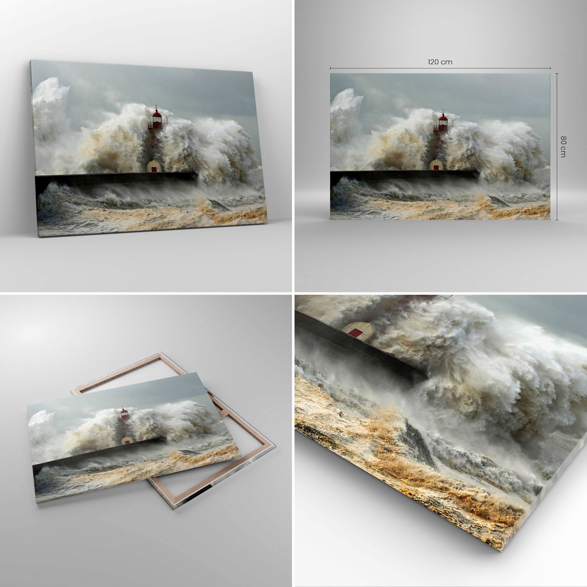 Wandbilder Dekoration Wohnzimmer Leuchtturm Ozean Sturm Bilder auf Leinwand 120x80cm Leinwandbild Schlafzimmer Küche Deko Wand Kunstdruck Art Groß XXL Wanddeko Bild Wall Decor Canvas AA120x80-2442