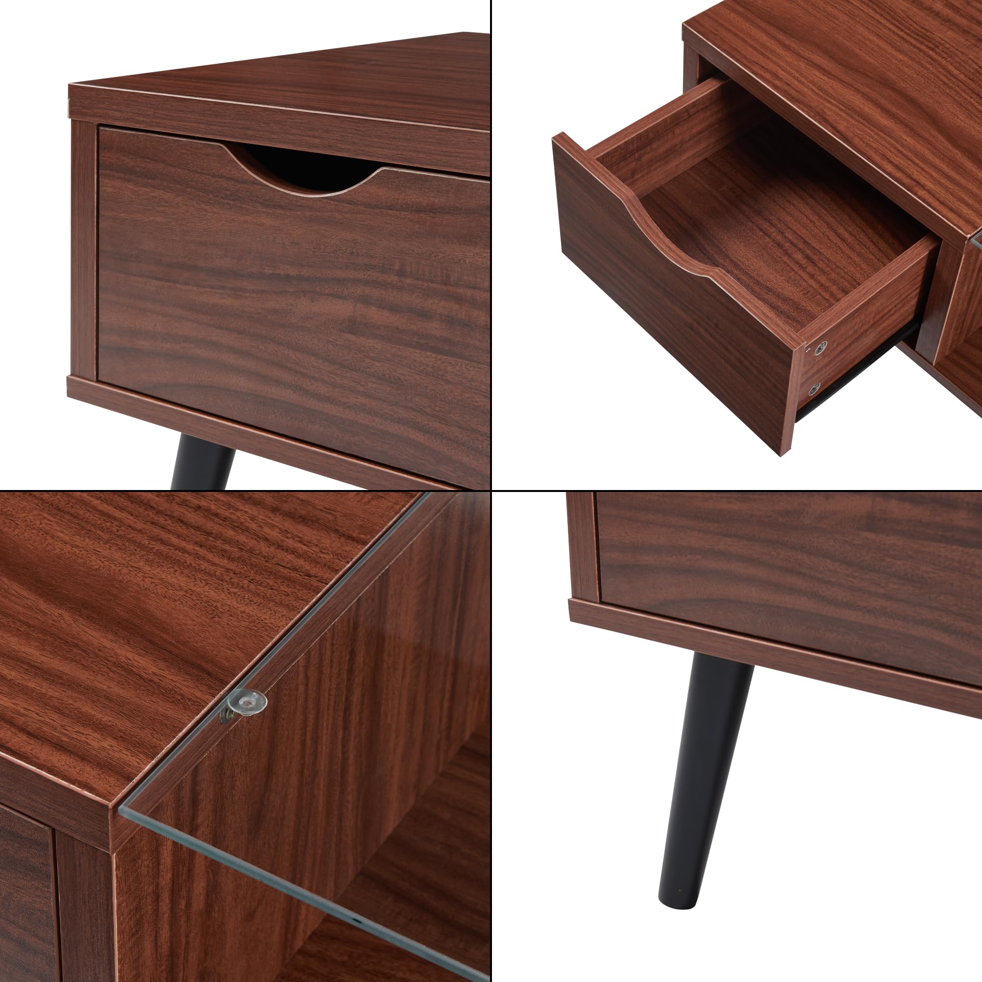 [en.casa] Couchtisch Markaryd Wohnzimmertisch mit Stauraum Walnuss-Optik Glasplatte Sofatisch mit Schublade rechteckig 110 x 50 x 40 cm