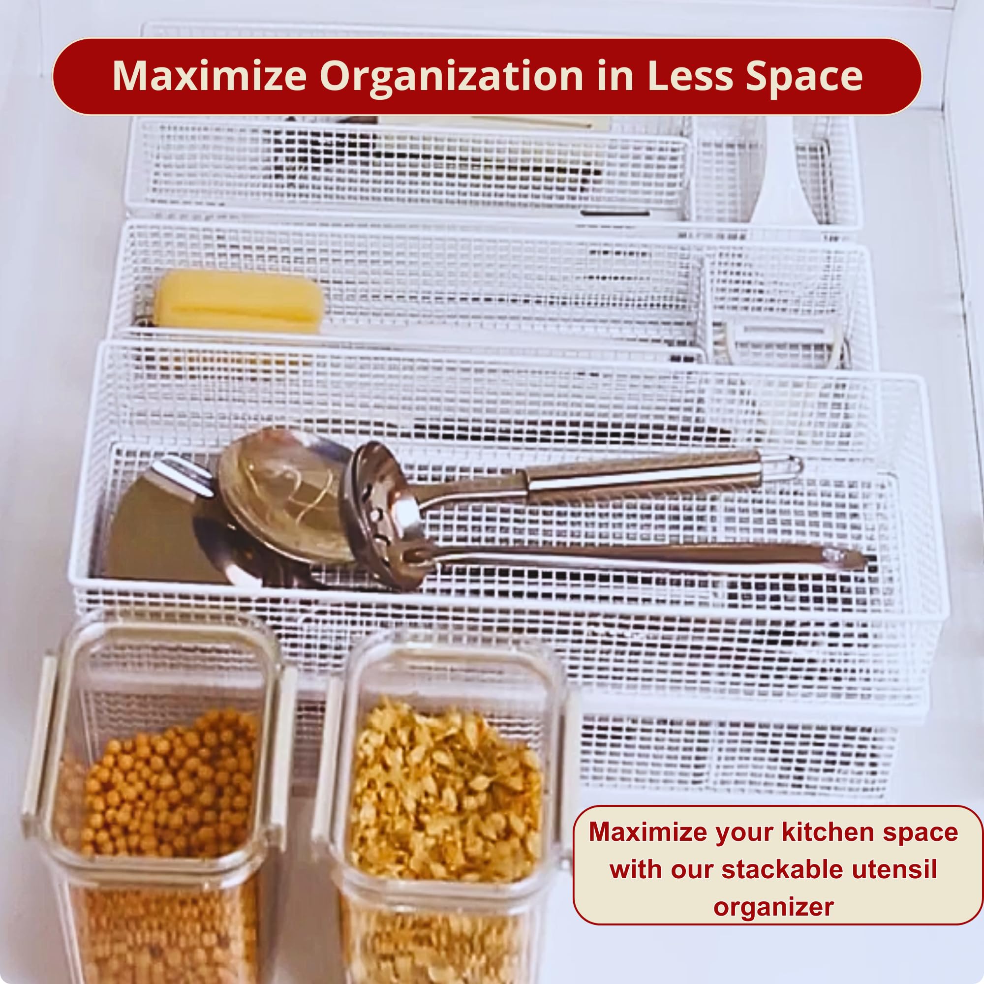 Cajón apilable para utensilios de cocina, almacenamiento para cubiertos grandes, versátil soporte para cubiertos para cajones de cocina eficientes y ordenados, solución que ahorra espacio