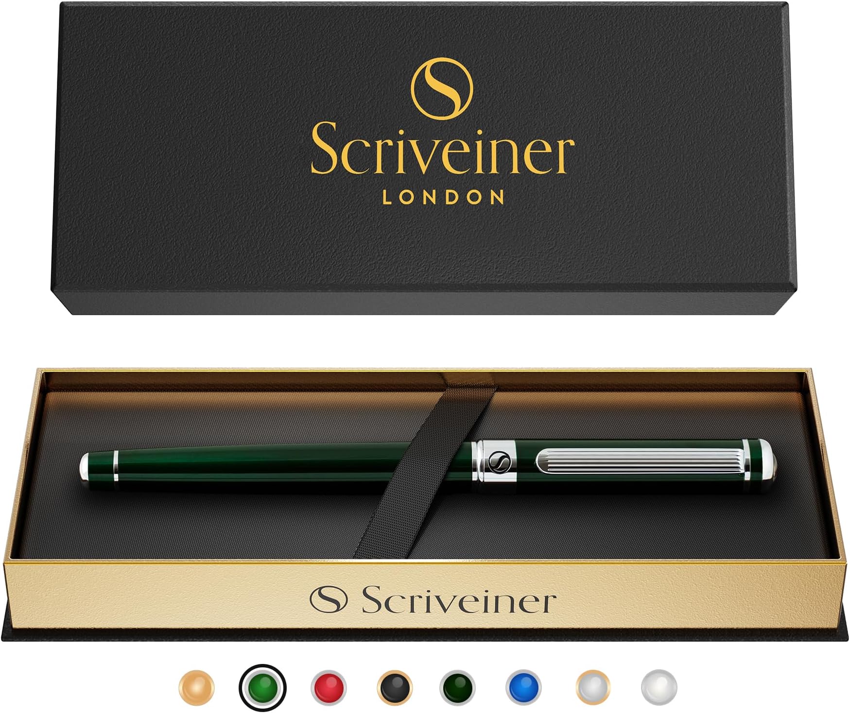 Scriveiner British Racing Green Rollerball - Stunning Luxury Pen With Chrome Finish, Schmidt Ink Refill, Best Roller Ball Pen Gift Set for Men & Women, Professional, Executive Office, Nice Pens