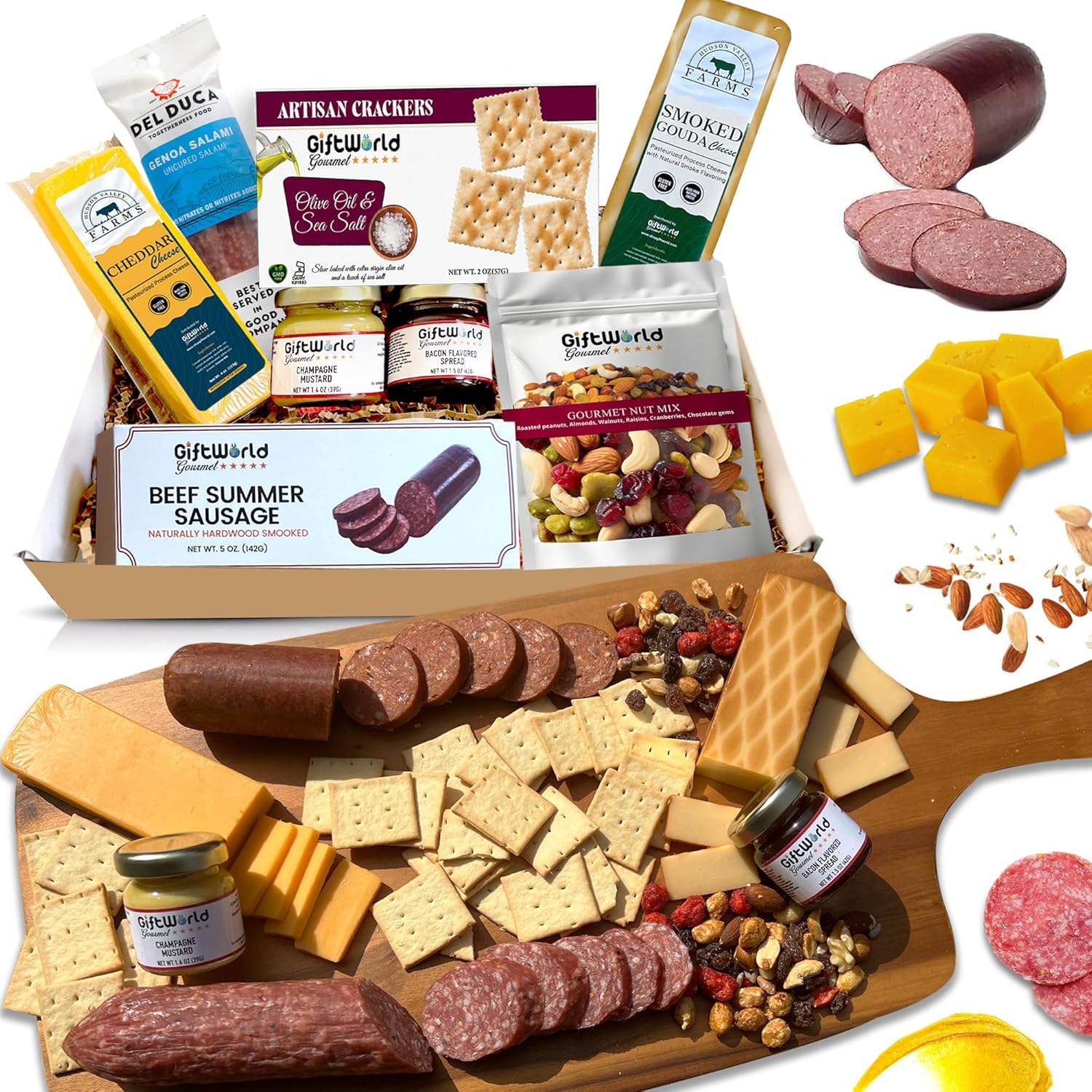 Charcuterie Meat and Cheese Gift Basket, Charcuterie Board Food Items, Food Gifts for Men, Meat Sampler For Men, Tailgating, Business, Congratulations, Care Packages, Thanksgiving and Christmas Gifts (8-item Bundle)