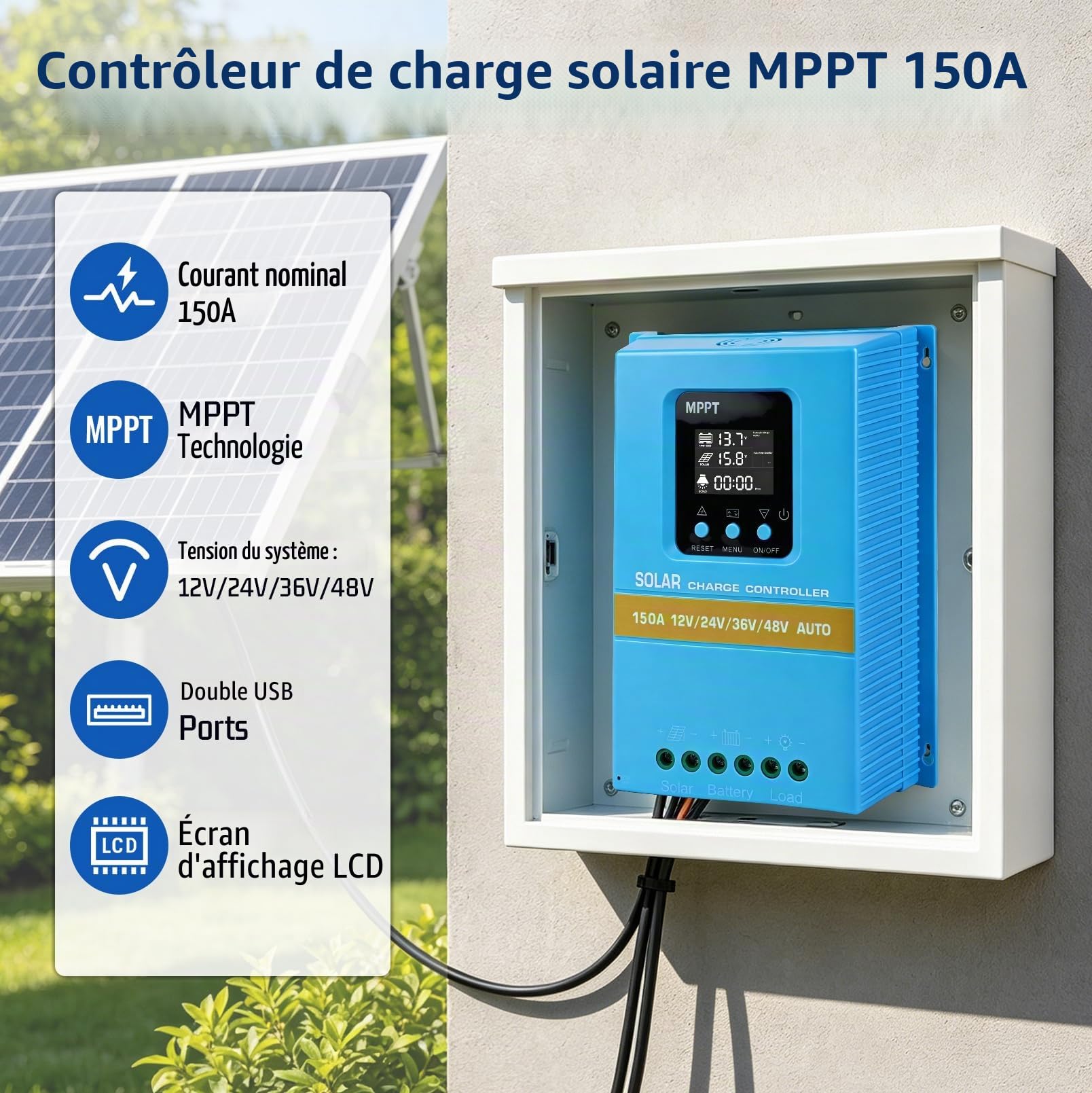 150A MPPT Régulateur de charge solaire, 12 V, 24 V, 36 V, 48 V | avec écran LCD et double USB, entrée PV max 100 V pour batterie plomb-acide/lithium
