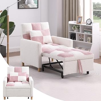 Sleeper Chair Bed - Convertible Single Sofa Chair Bed with Pillow,Pull Out Sleeper Bed with Adjustable Backrest,Multi-Functional Lounge Chair with Teddy Fabric for Apartment,Living Room Pink White