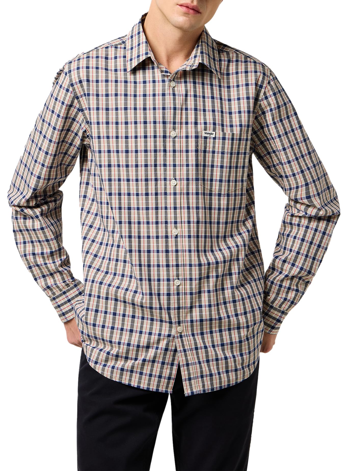 Wrangler Plaid One Pocket Shirt Mens Medium Cotton Logo Classic Button Up Beige