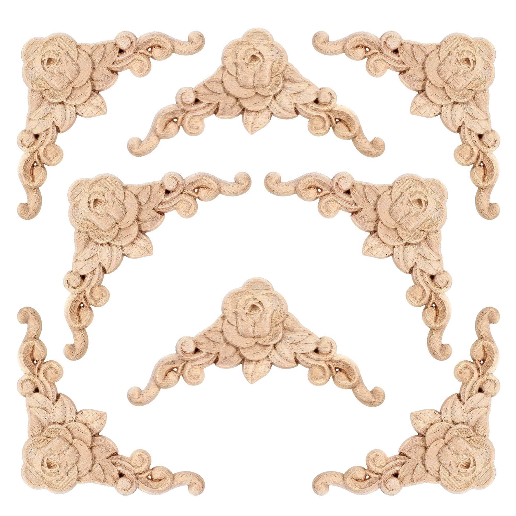 Photo 1 of 20 Pcs Unpainted Wood Flower Carved Appliques, 3.15 Inch Corner Onlays, DIY Furniture Decals for Wardrobe, Mirror, Photo Frame, and Closet Decoration