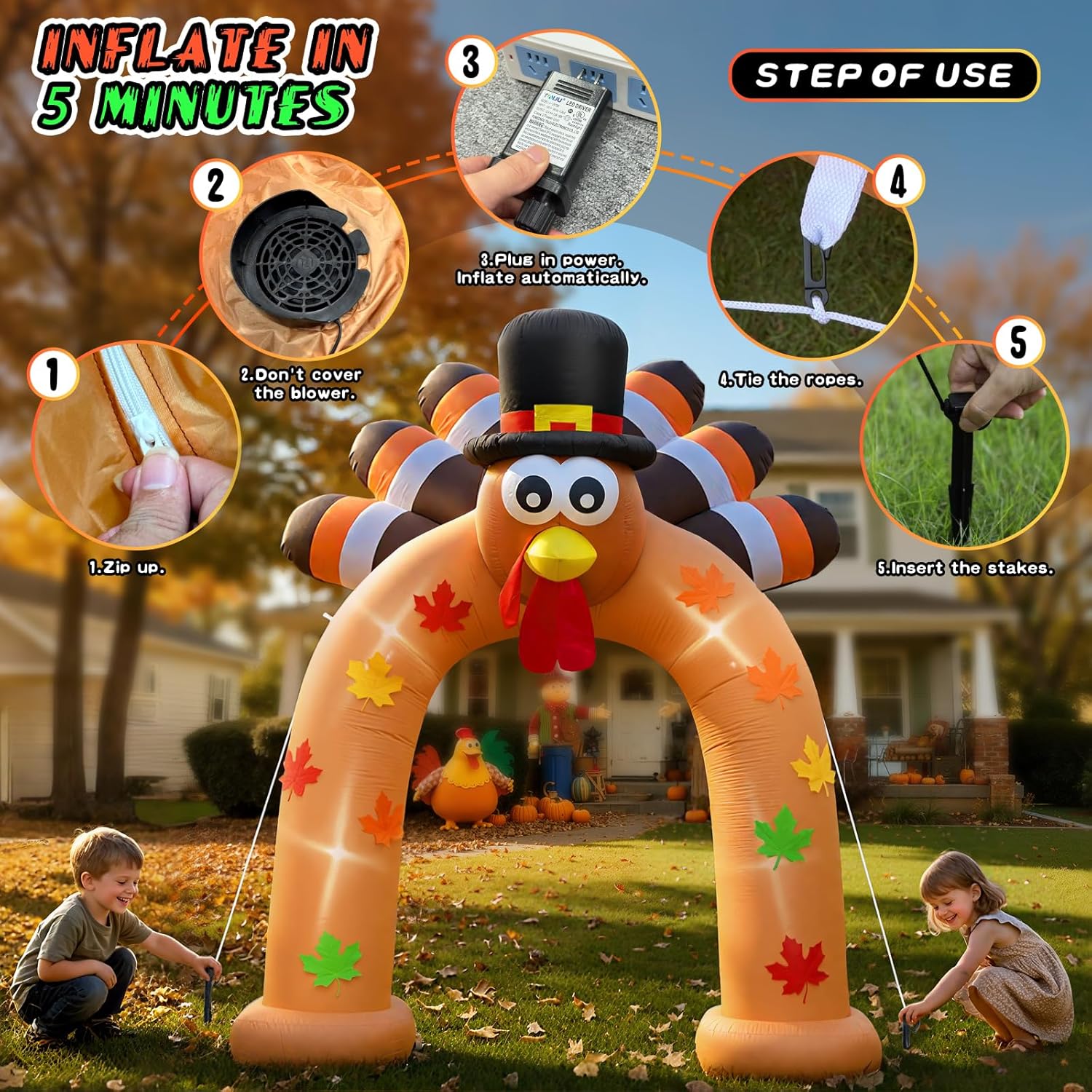 Spinosaurus 9FT Thanksgiving Inflatable Turkey Arch Thanksgiving Inflatables Outdoor Decorations Blow Ups Turkey Archway with LEDs for Yard Decor