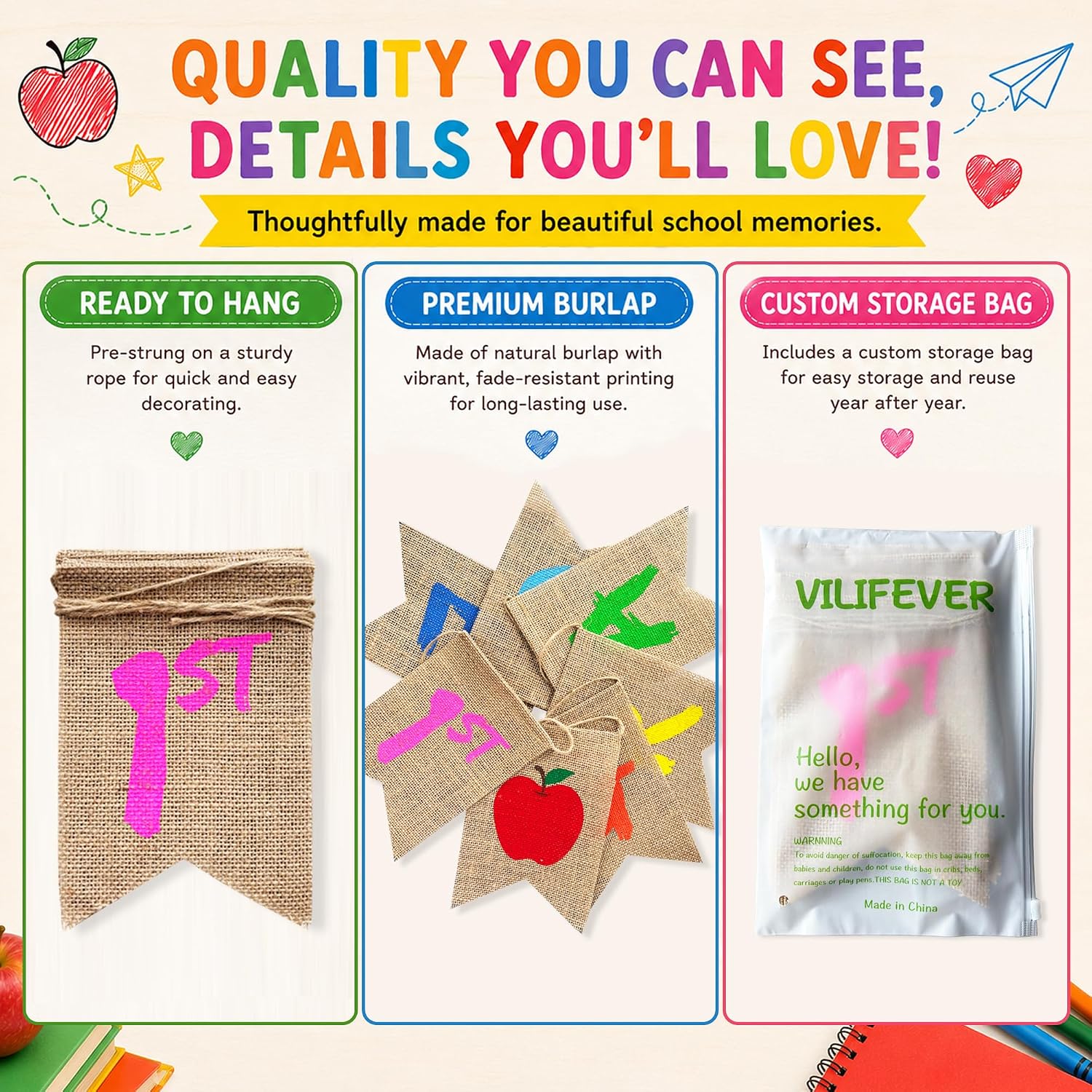 VILIFEVER 1st Grade Banner Burlap for Back to School Decorations image 3