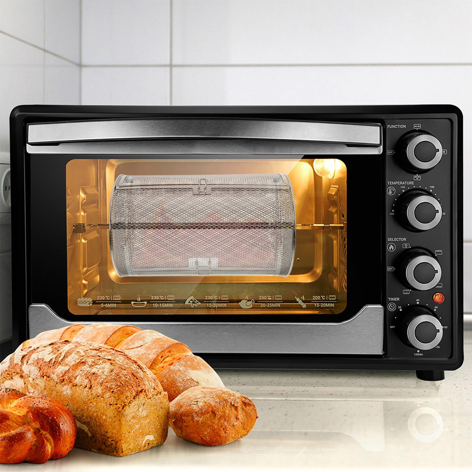 Abaodam Jaula para Asar Giratoria de Acero Inoxidable 180X300 MM para Horno Eléctrico Cesta para Barbacoa y Camping Adecuado para Tostar Frutos Secos Verduras y Patatas Fritas