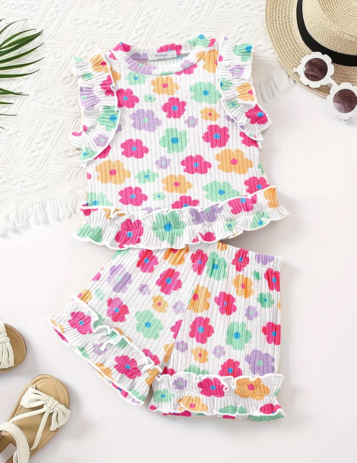 Arshiner Toddler Girls Clothes Ribbed Knit Ruffle Sleeveless Tops and Shorts with Pockets Cute Summer 2 Pieces Short Sets - Image 2