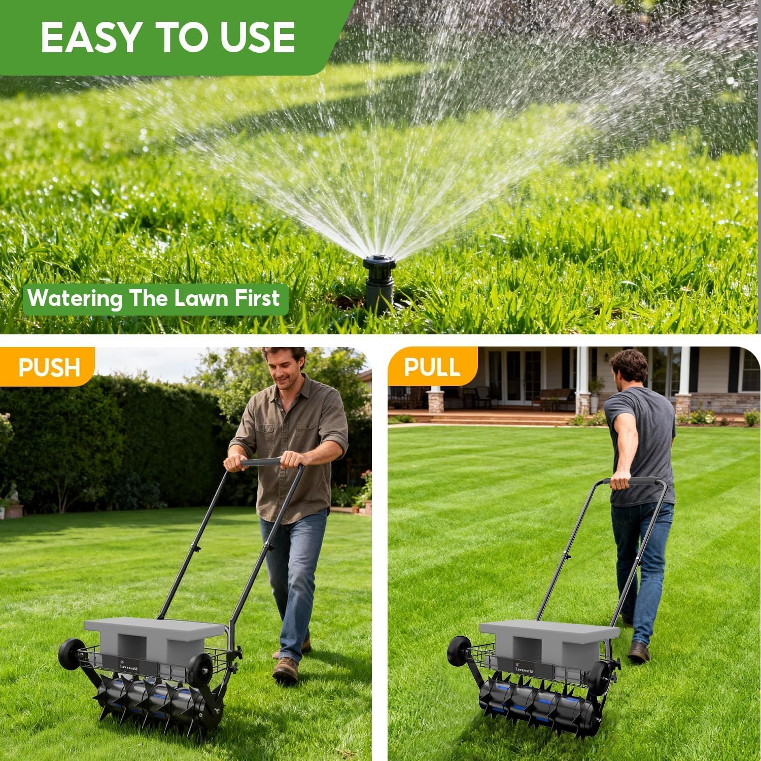 2-in-1 Rolling Lawn Aerator & Lawn Roller, Removable Gear Spikes for Easy Switch, Up to 220 lbs Capacity, Heavy Duty Yard Aerator with Support Wheels for Grass & Soil, Lawn Care