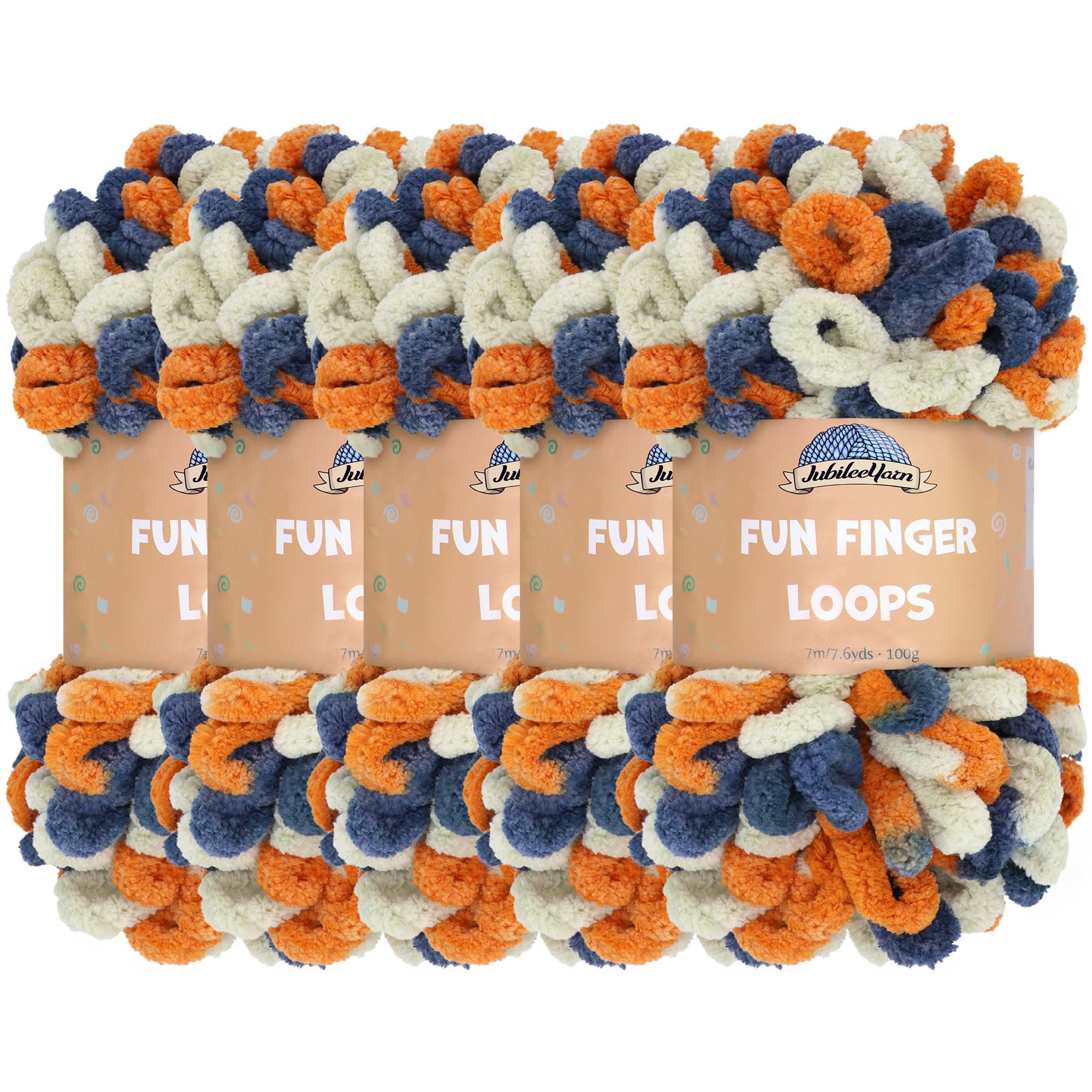 JubileeYarn Fun Finger Loops Yarn - Polyester Jumbo Weight Loop Yarn - 100g/Skein - Orange Navy Tan - 5 Skeins