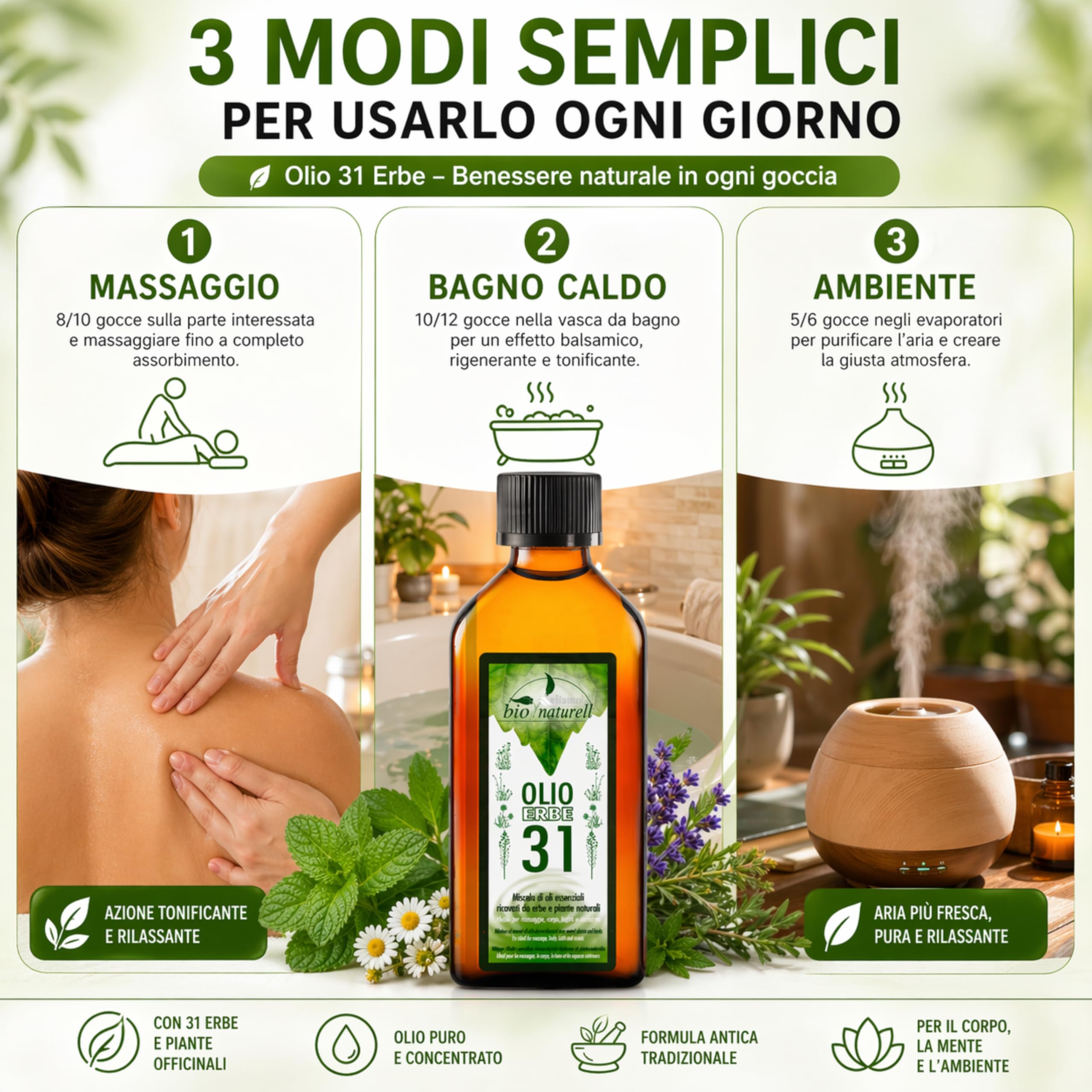 Vitamol Bio 31 Kräuteröl 100 ml – Massageöl für Muskelmassage, Aromatherapie und Diffusoren – Erfrischend, vitalisierend, mit Balsamico-Duft, nicht fettend, hergestellt in Italien (Packung mit 2)