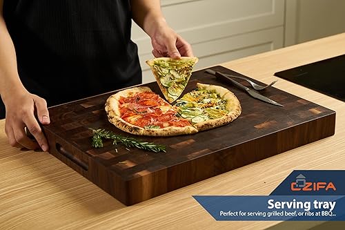 Miniatura 7 de Tabla de cortar de madera de nogal oscuro americano de 17 x 12 x 1.6 pulgadas para cocina con ranura para jugo, asas interiores, caja de regalo y